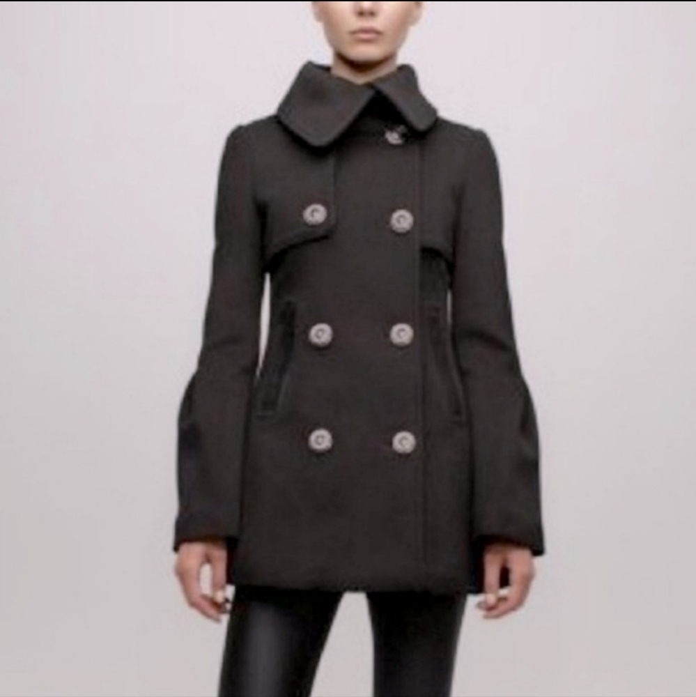 Mackage black wool cashmere coat. Leather detail Funnel Neck Small S